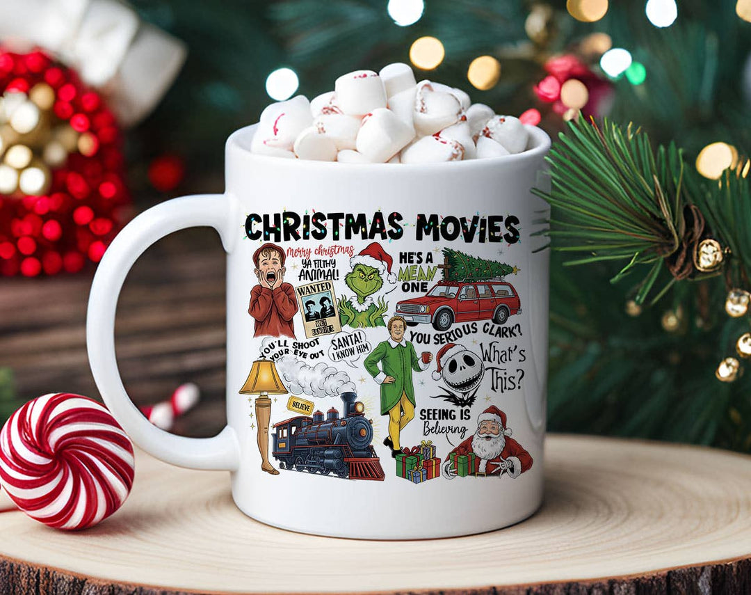 "Christmas Movies Collage Buddy Clark" Christmas design on a white coffee mug