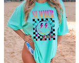 "Summer Babe Smiley" design on an island reef blue Comfort Colors t-shirt