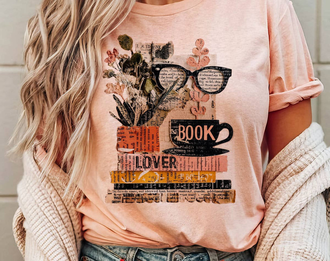 "Book Lover Collage Glasses" design on a peach unisex t-shirt