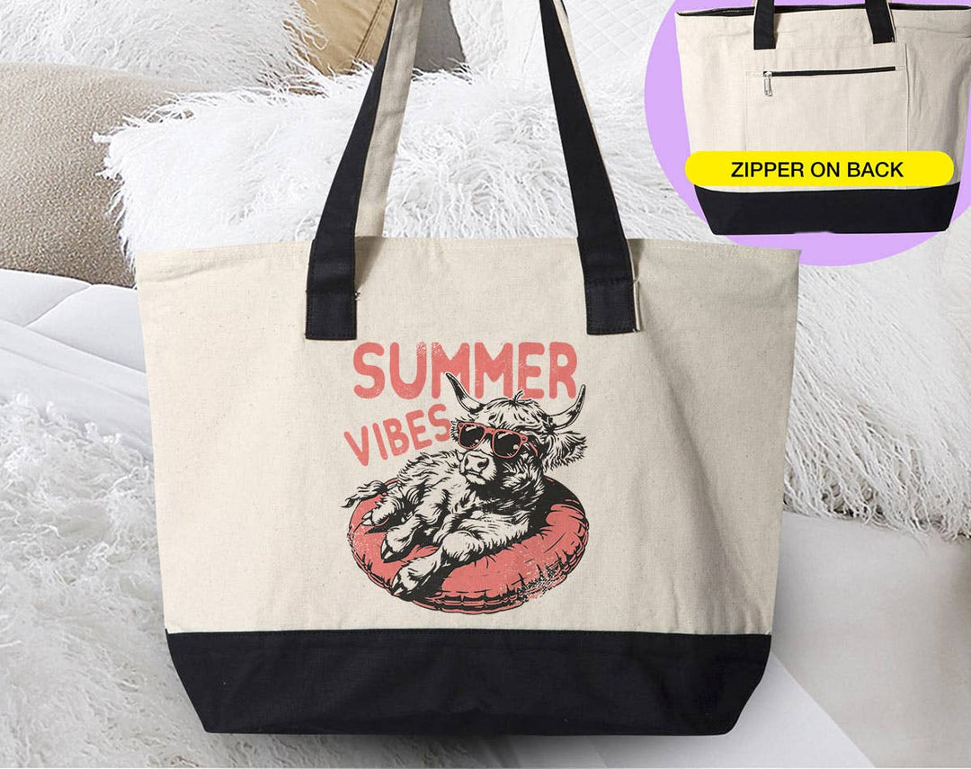"Summer Vibes Highland Cow" design on a natural canvas zippered tote bag