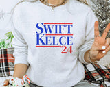 "Swift Kelce 2024" design on an ash gray unisex crewneck sweatshirt