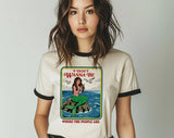 "I Don't Wanna Be Where The People Are Mermaid" design on a natural ringer t-shirt with black contrast trim