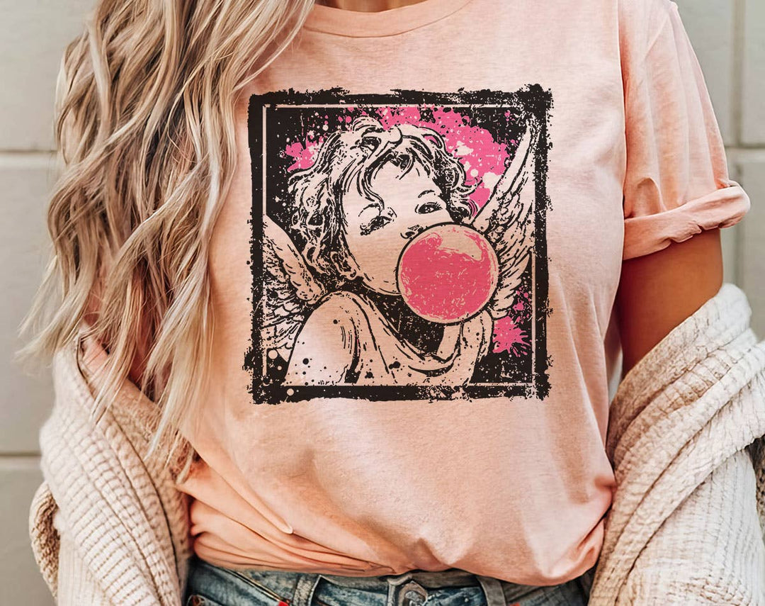 "Cupid Bubblegum Stamp" design on a peach unisex t-shirt