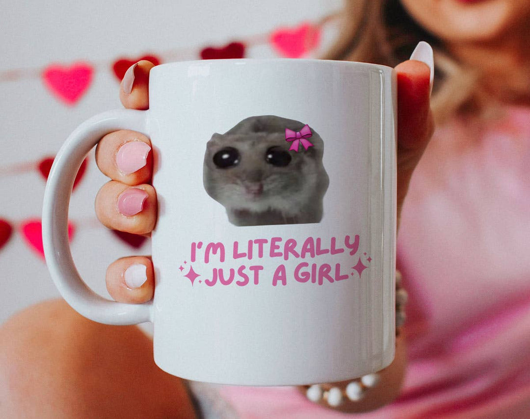 "Sad Hamster Meme" design on a white ceramic coffee mug