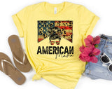 "American Mama Leopard Print" design on a pale yellow unisex t-shirt