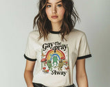 "Gay The Pray Away" design on a natural ringer t-shirt with black contrast trim