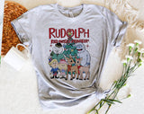 "Rudolph Frosty Snowman Santa" design on a heather gray unisex t-shirt
