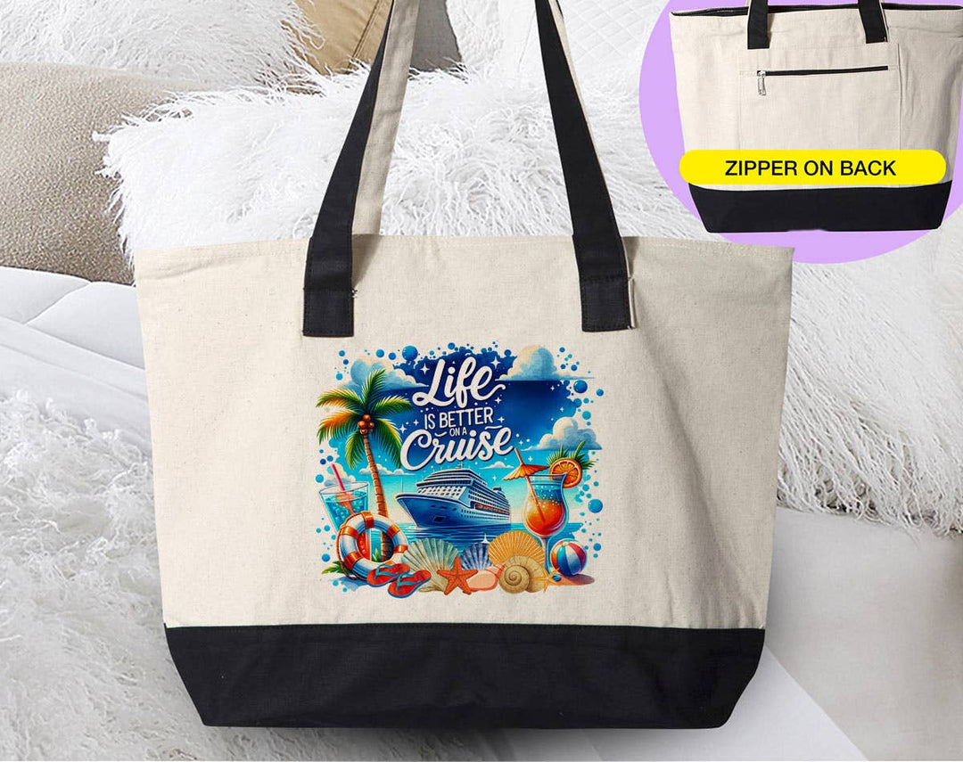 "Life Is Better On A Cruise" design on a natural canvas zippered tote bag