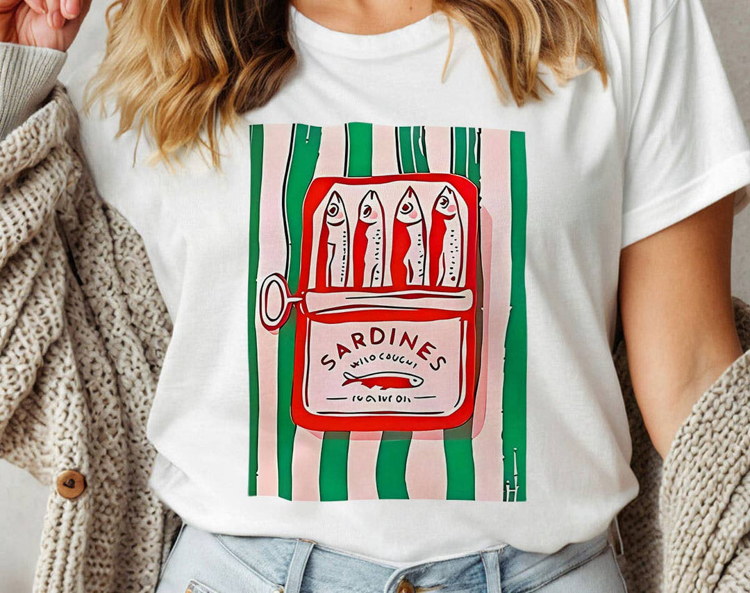 "Sardines Tinned Fish French" design on a white unisex t-shirt