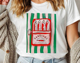 "Sardines Tinned Fish French" design on a white unisex t-shirt