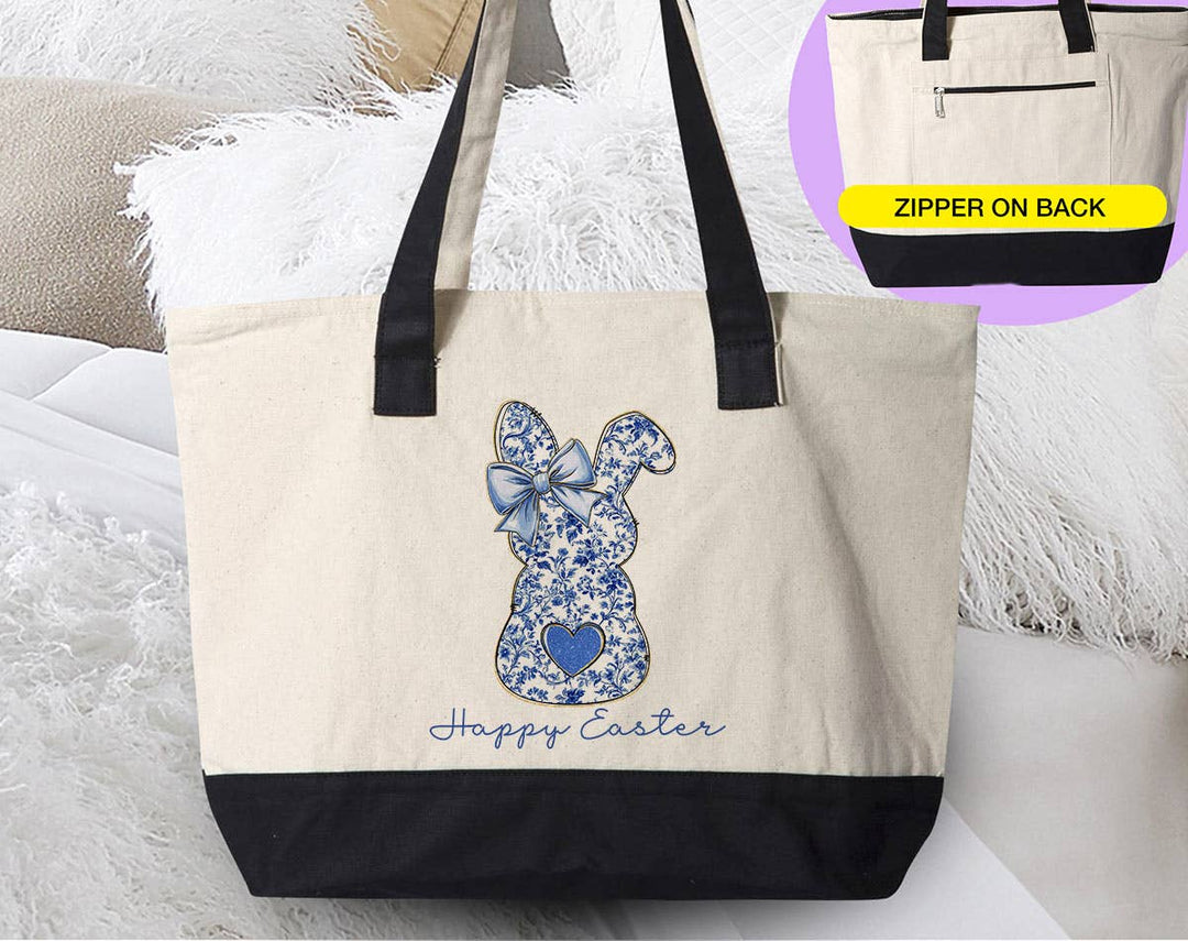"Happy Easter Blue Bunny" design on a natural canvas zippered tote bag