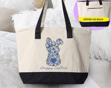 "Happy Easter Blue Bunny" design on a natural canvas zippered tote bag
