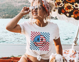 "Retro Smiley Face" design on a white unisex t-shirt