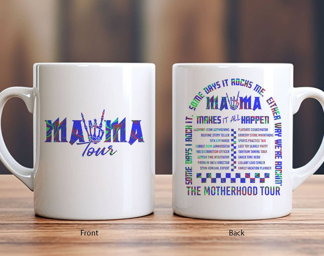 "Mama Tour" design on a white ceramic coffee mug