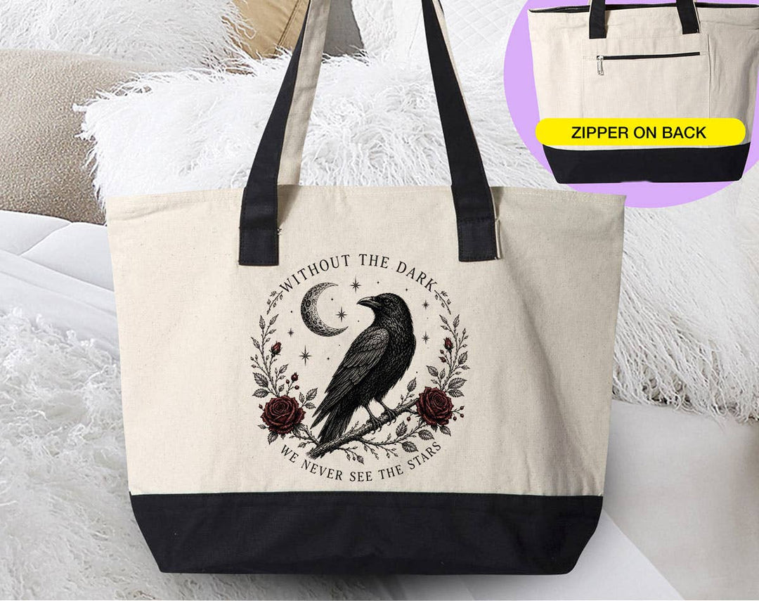 "Without The Dark Raven Moon Witchy" design on a natural canvas zippered tote bag