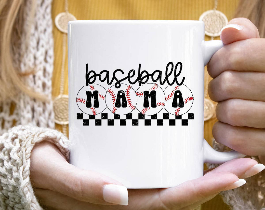 "Baseball Mama Checkered" design on a white ceramic coffee mug