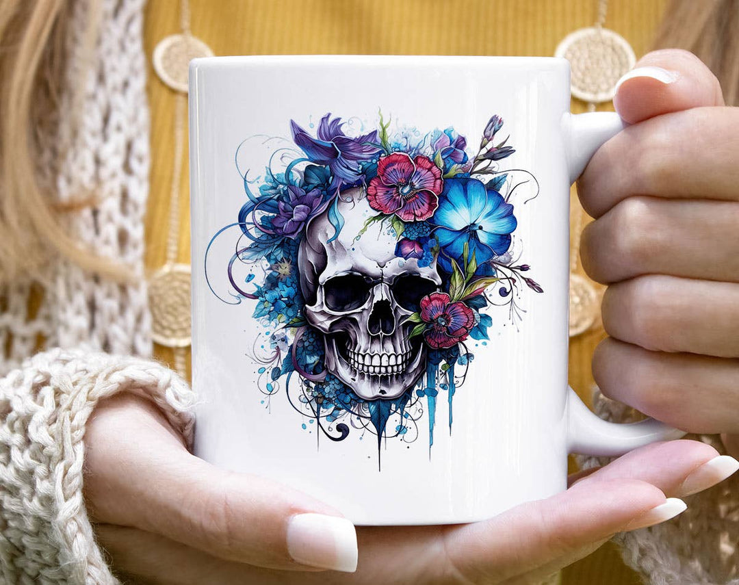 "Floral Blue Skull" design on a white ceramic coffee mug