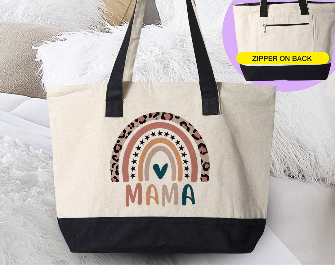 "Mama Rainbow" design on a natural canvas zippered tote bag