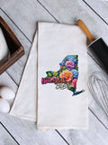 "New York State Flower Rose" design on a white 28 x 28 inch flour sack tea towel