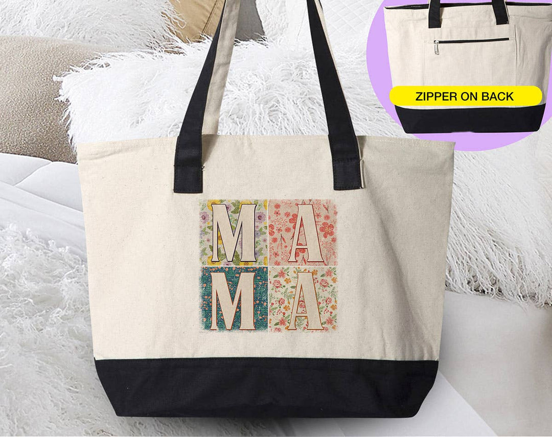 "Mama Boho Quilt" design on a natural canvas zippered tote bag