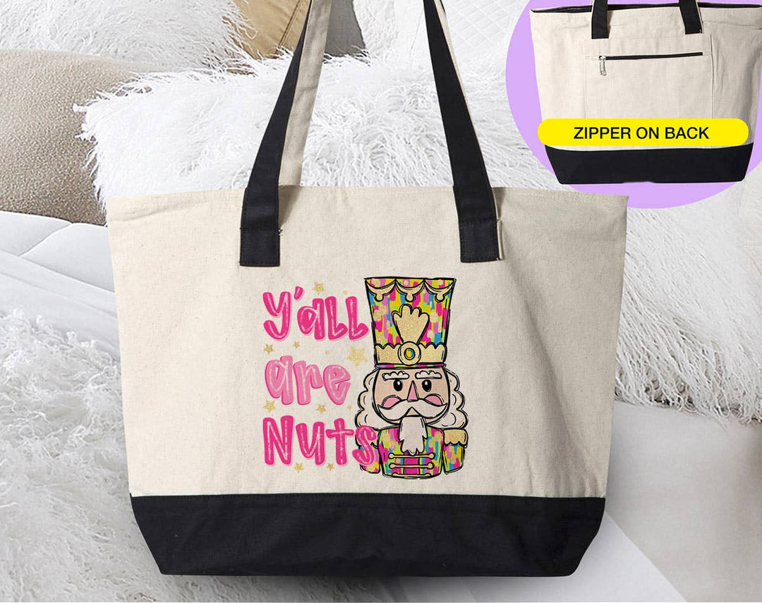 "Y'all Are Nuts" design on a natural canvas zippered tote bag