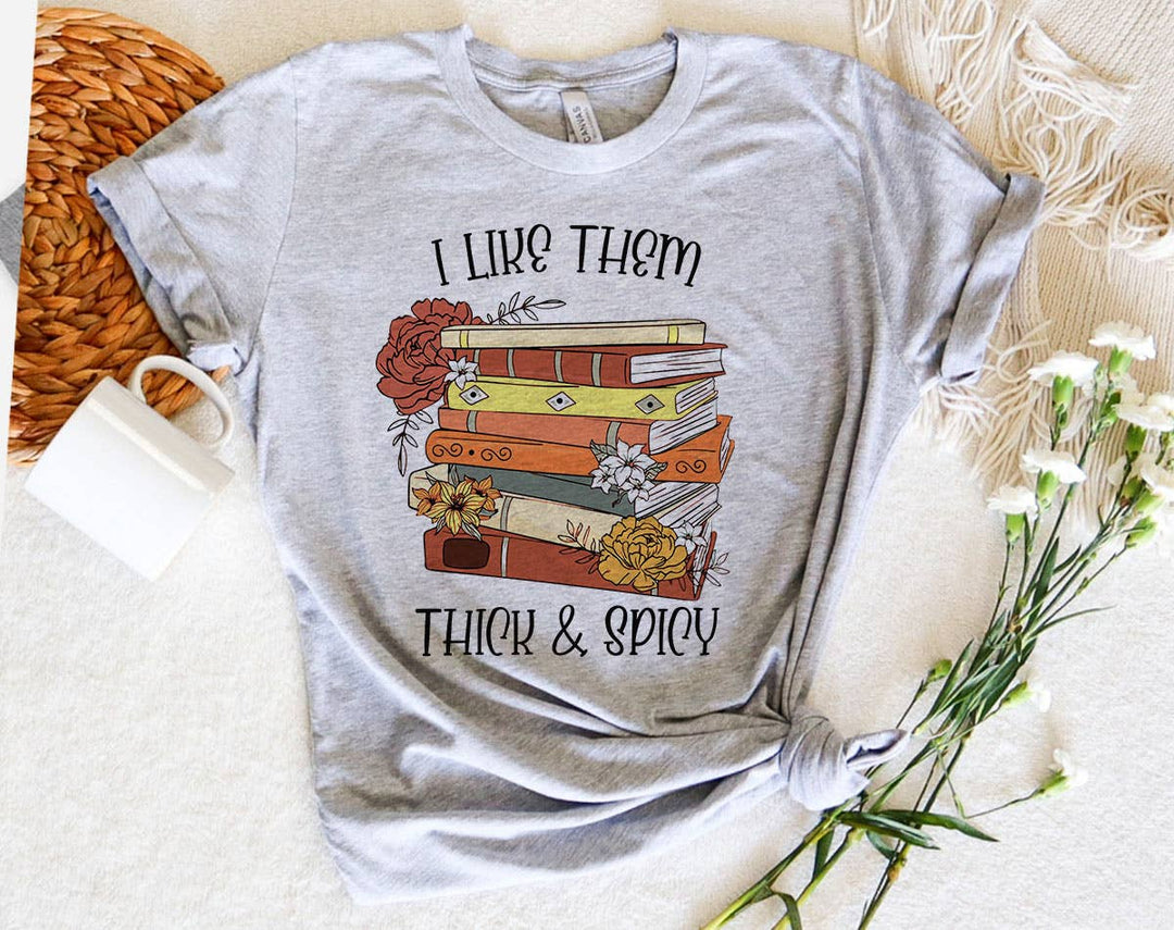 "I Like Them Thick & Spicy" design on a heather gray unisex t-shirt