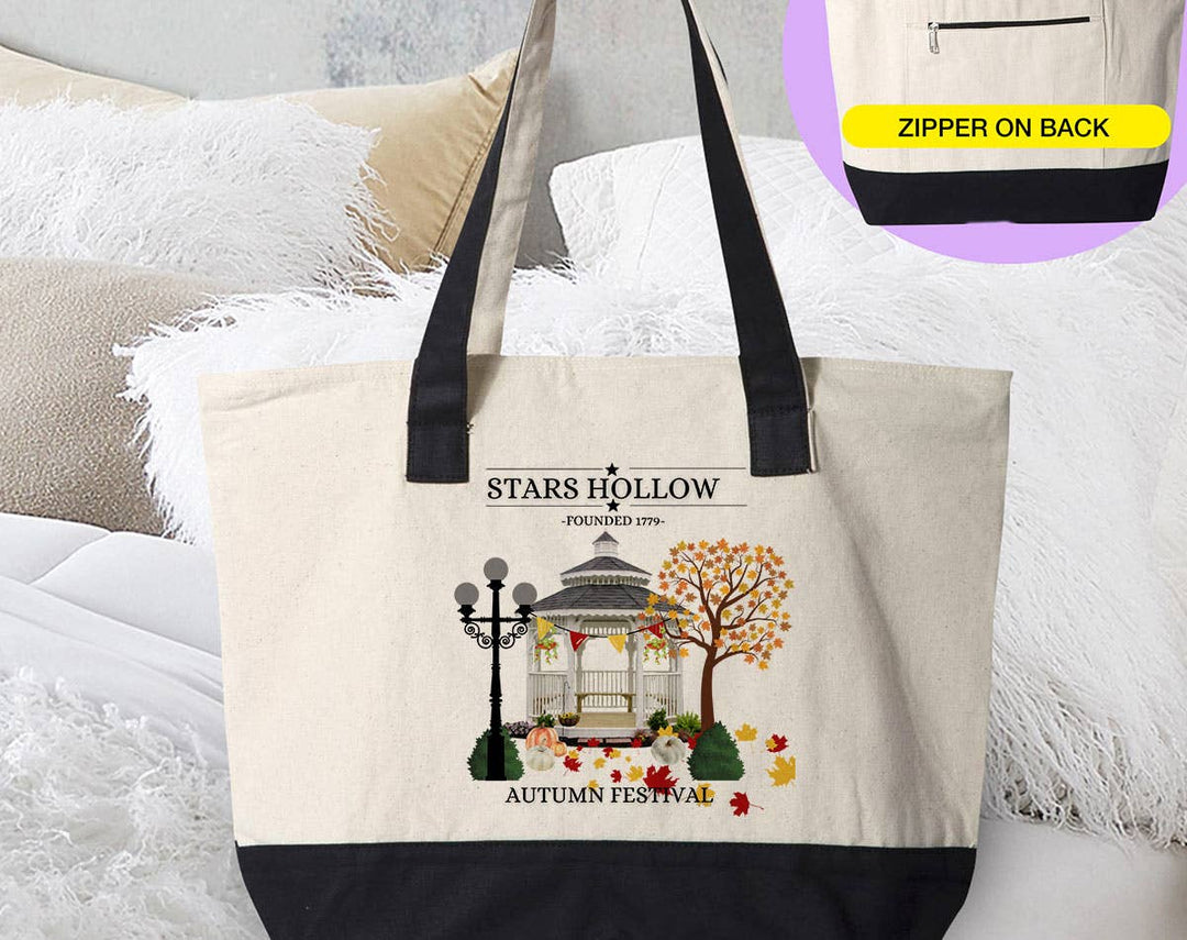 "Star Hollow" design on a natural canvas zippered tote bag