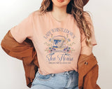 "Lady Whistledown Tea House" design on a peach unisex t-shirt