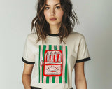 "Sardines Tinned Fish French" design on a natural ringer t-shirt with black contrast trim