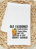 "Old Fashioned Cocktail Recipe" design on a white 28 x 28 inch flour sack tea towel