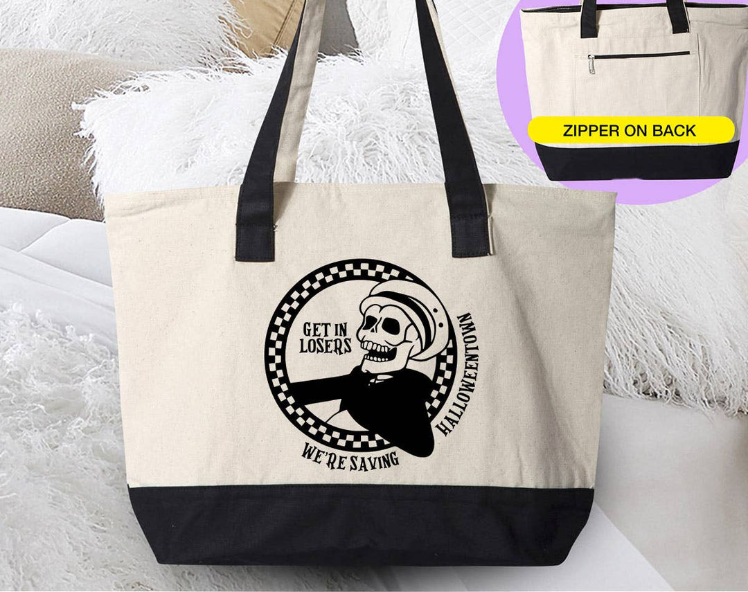 "Get In Loser Halloweentown" design on a natural canvas zippered tote bag