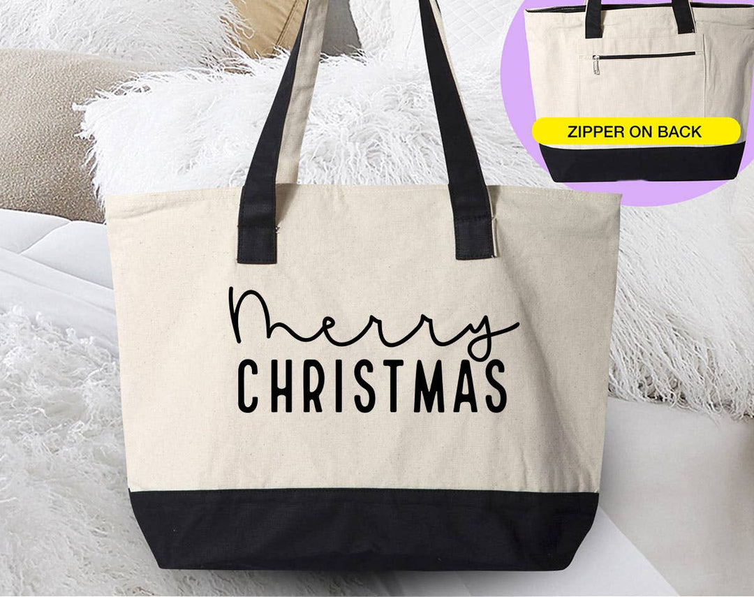 "Merry Christmas Cursive" design on a natural canvas zippered tote bag
