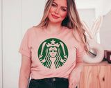 "Jason Bucks Coffee" design on a peach unisex t-shirt