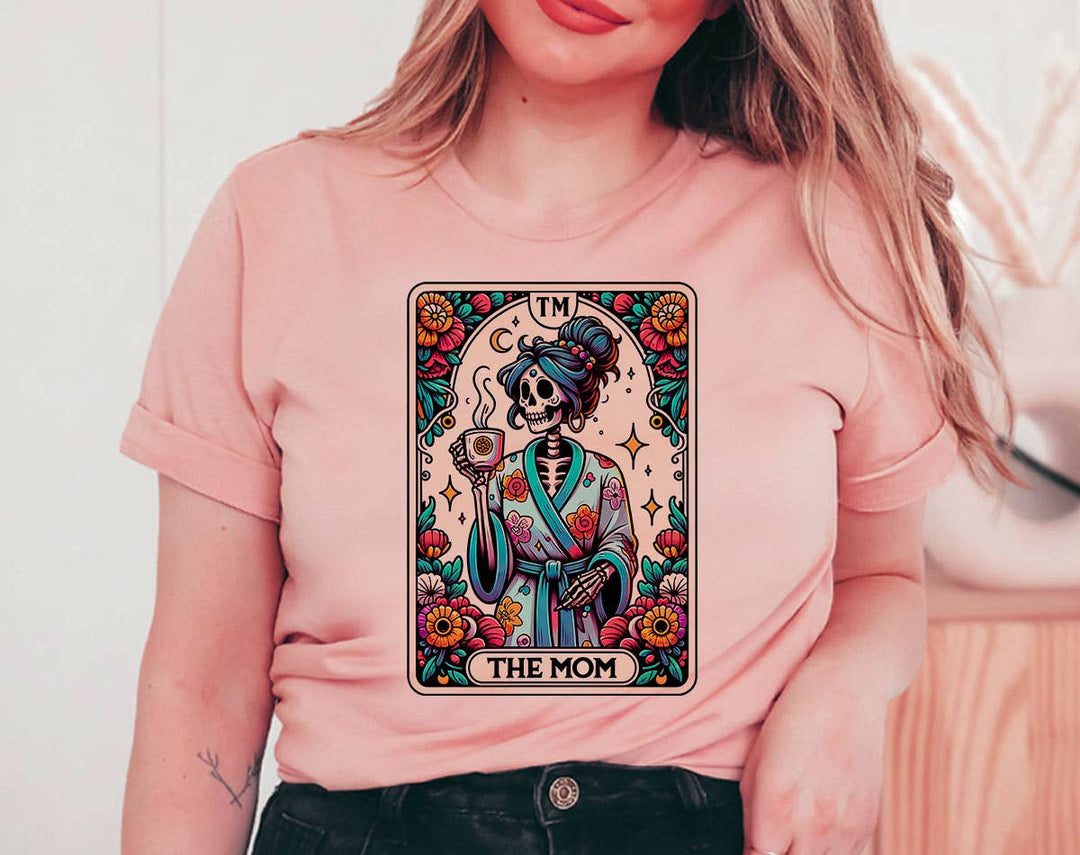 "The Mom Tarot Card" design on a peach unisex t-shirt