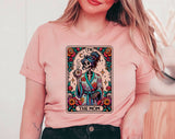 "The Mom Tarot Card" design on a peach unisex t-shirt