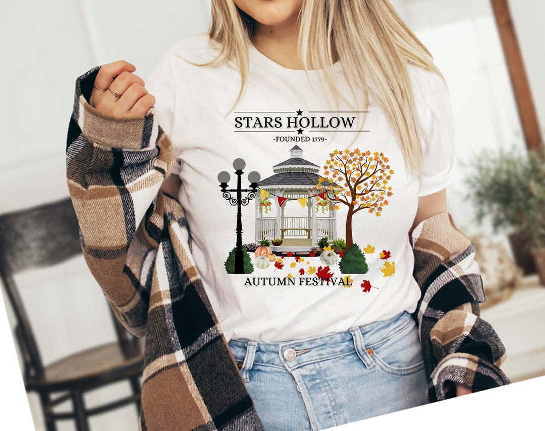 "Stars Hollow Fall" design on a white unisex t-shirt