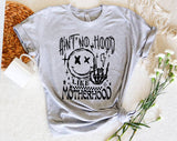 "Ain't No Hood Like Motherhood" design on a heather gray unisex t-shirt