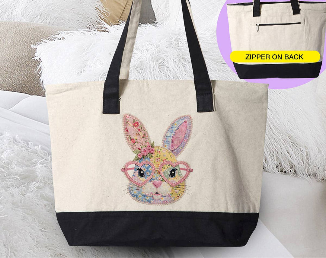 "Easter Bunny Heart Glasses Patchwork" design on a natural canvas zippered tote bag