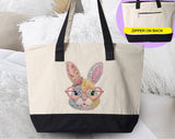 "Easter Bunny Heart Glasses Patchwork" design on a natural canvas zippered tote bag