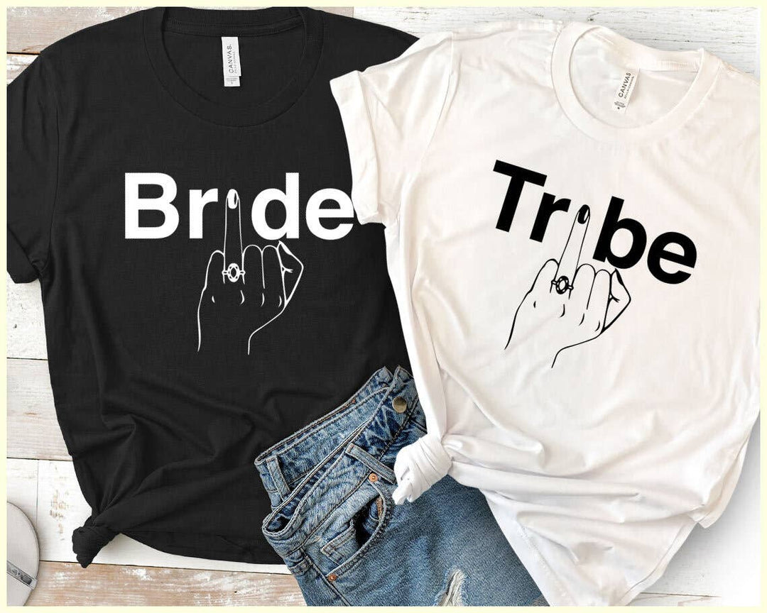 "Bride Tribe" design on a black unisex t-shirt