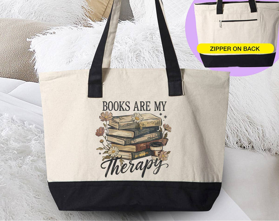 "Books Are My Therapy" design on a natural canvas zippered tote bag