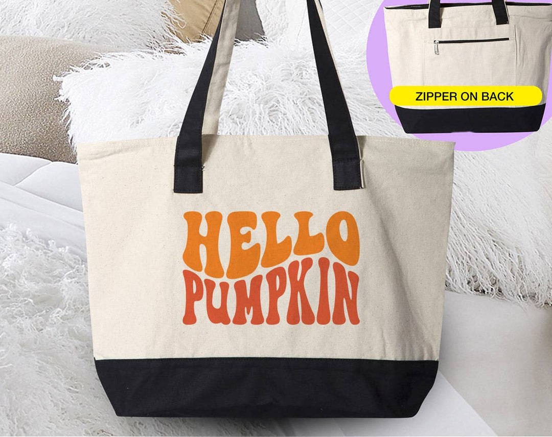 "Hello Pumpkin" design on a natural canvas zippered tote bag