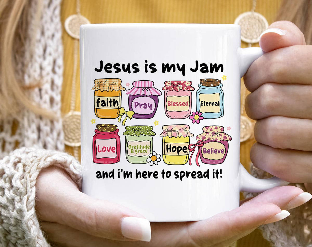"Jesus Is My Jam Cute Christian Faith Pray" design on a white ceramic coffee mug
