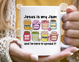 "Jesus Is My Jam Cute Christian Faith Pray" design on a white ceramic coffee mug