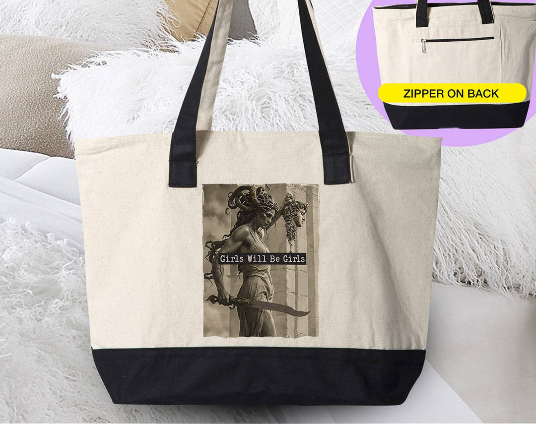 "Girls Will Be Girls Medusa Women's Rights" design on a natural canvas zippered tote bag