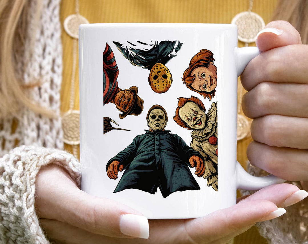 "Horror Icons Looking Down" Halloween design on a white coffee mug
