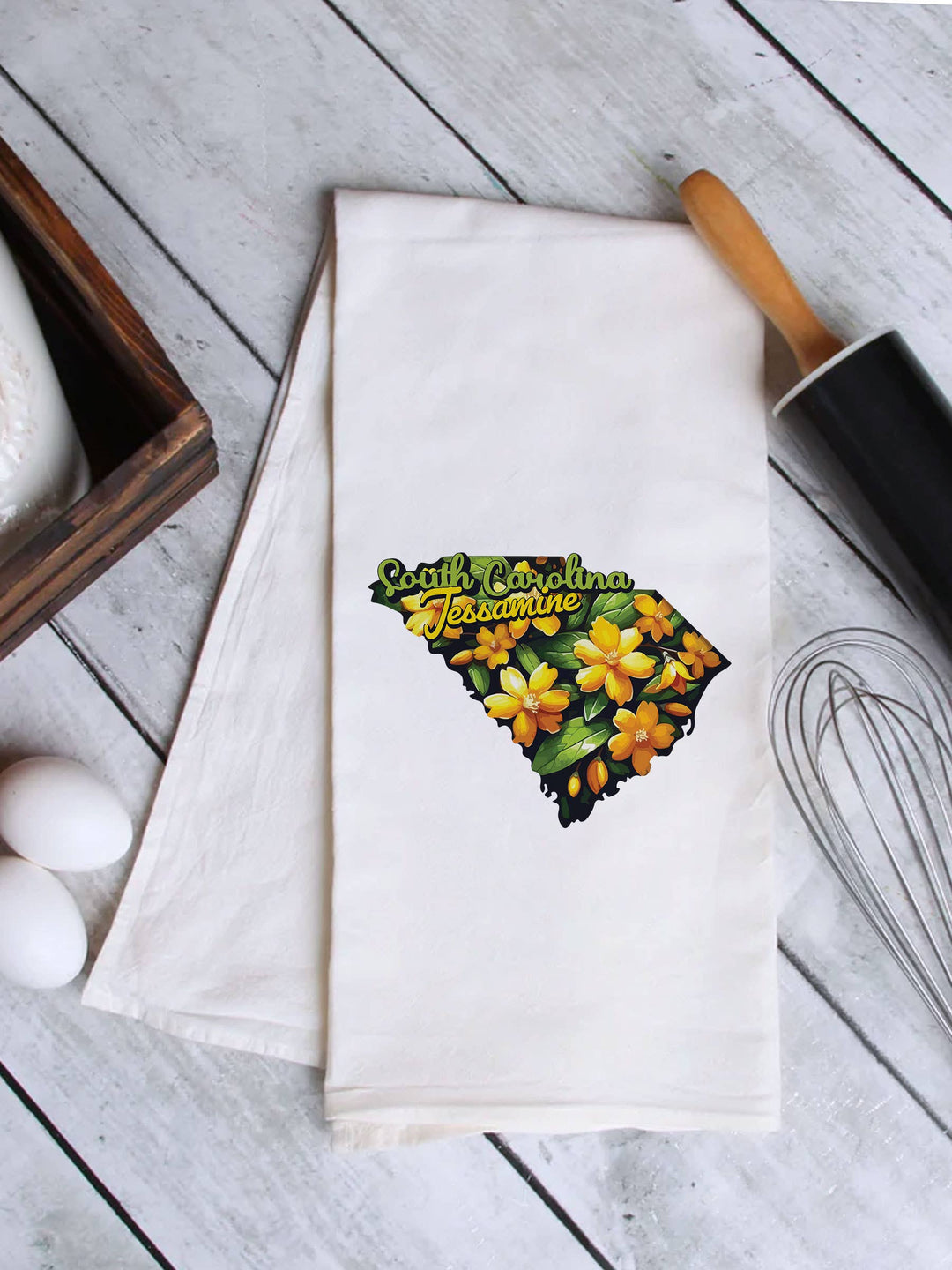 "South Carolina State Flower Jessamine" design on a white 28 x 28 inch flour sack tea towel
