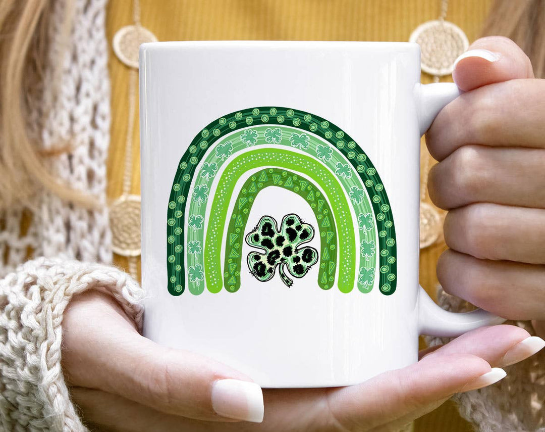 "Shamrock Rainbow" design on a white ceramic coffee mug