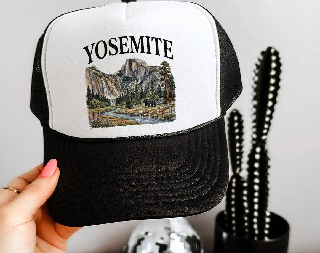 "Yosemite National Park Mountains" design on a mesh-back snapback trucker hat