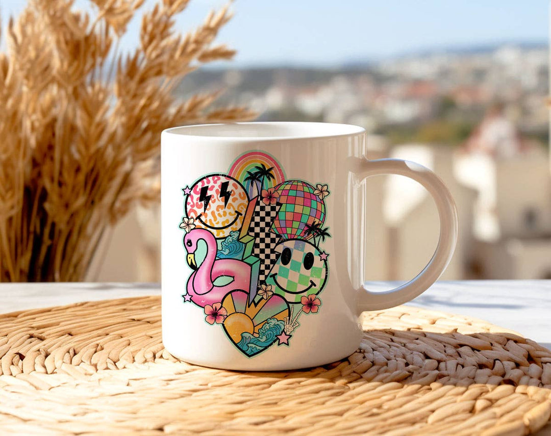 "Summer Flamingo Smiley" design on a white ceramic coffee mug